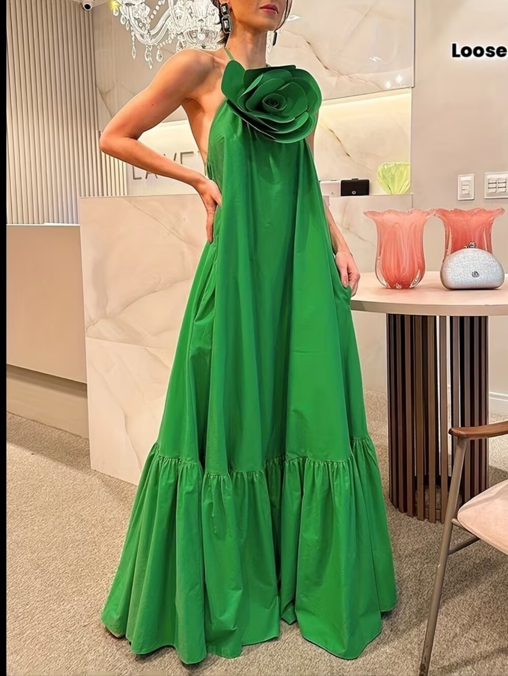Backless Pleated Pockets Solid Color Three-Dimensional Flower A-Line Loose Halte